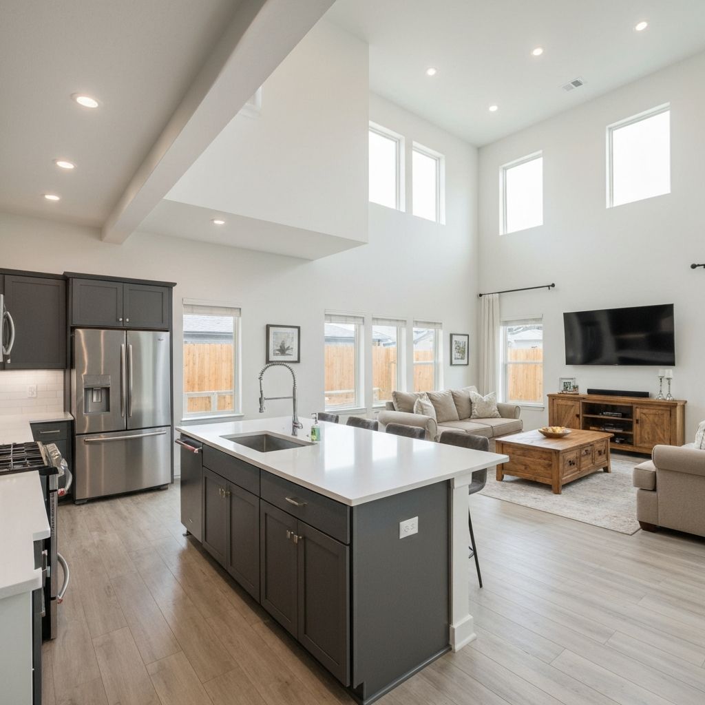 Interior rendering of great room and kitchen
